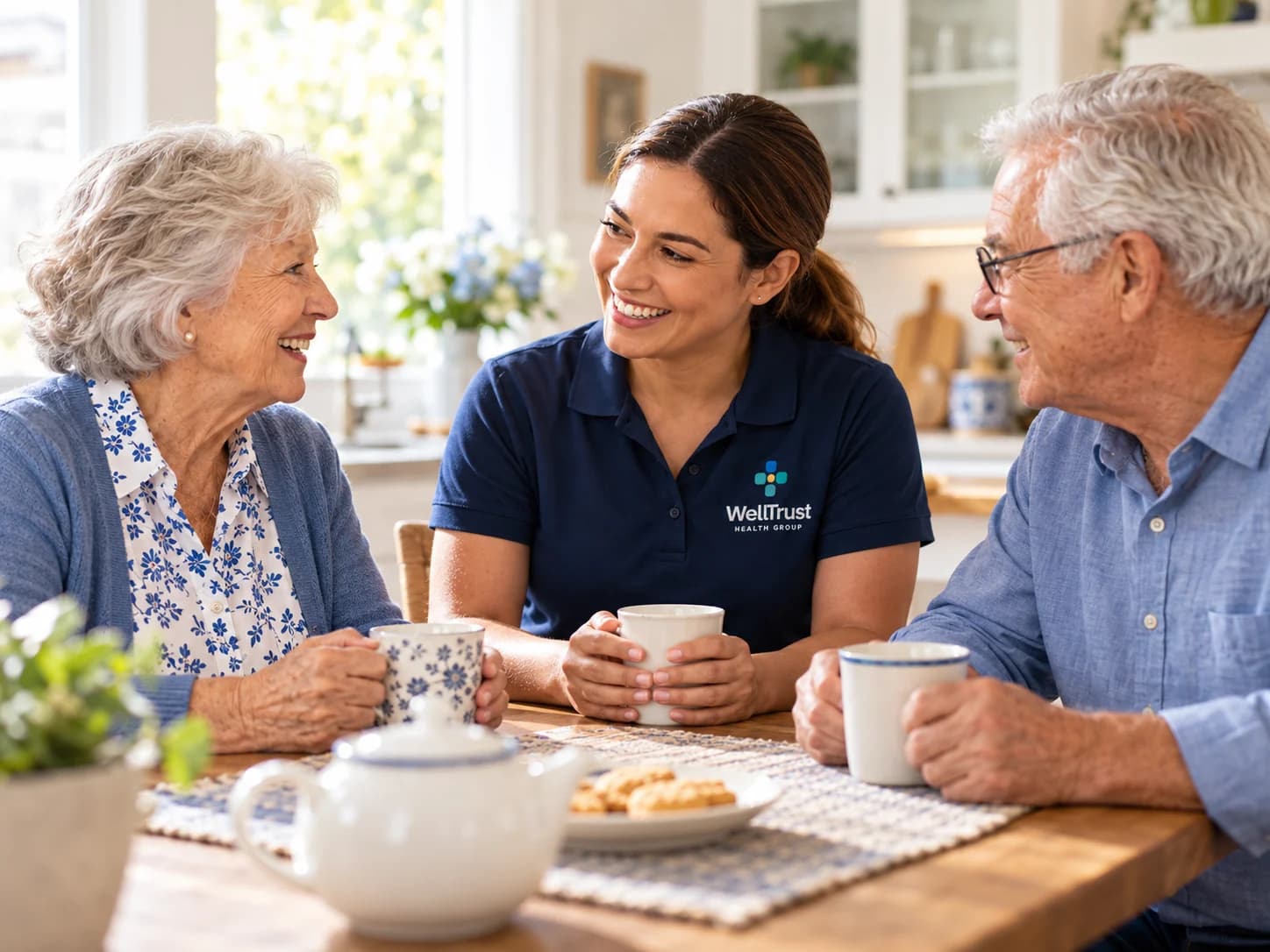 A WellTrust companion chatting with an older couple over tea at their kitchen table