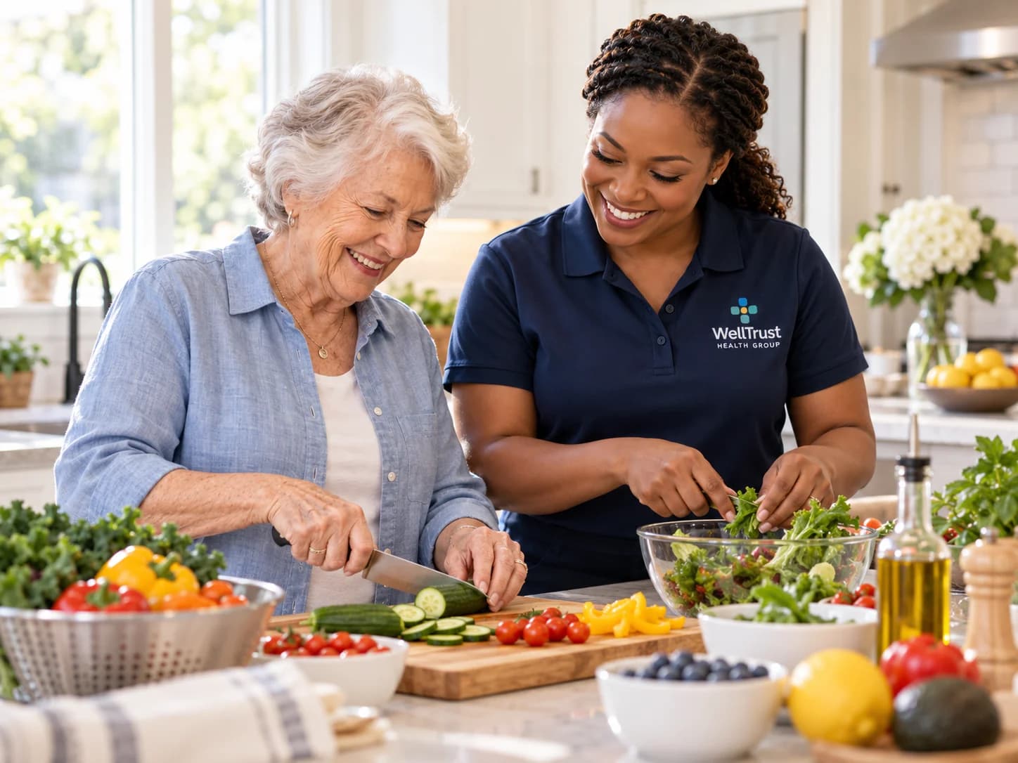 An older woman slicing cucumbers while a WellTrust companion tosses a salad beside her
