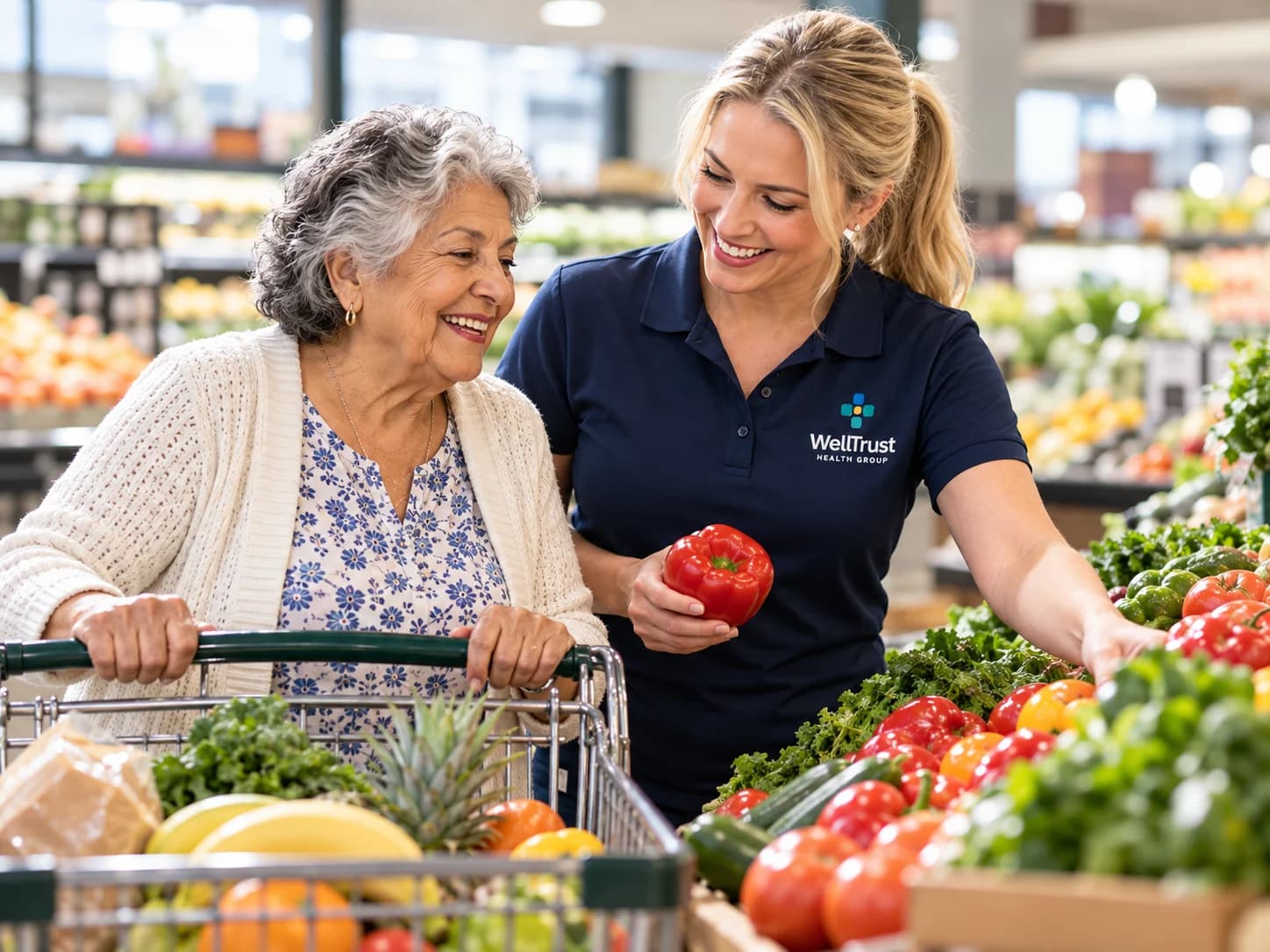 An older woman pushing her cart through the produce aisle with a WellTrust companion