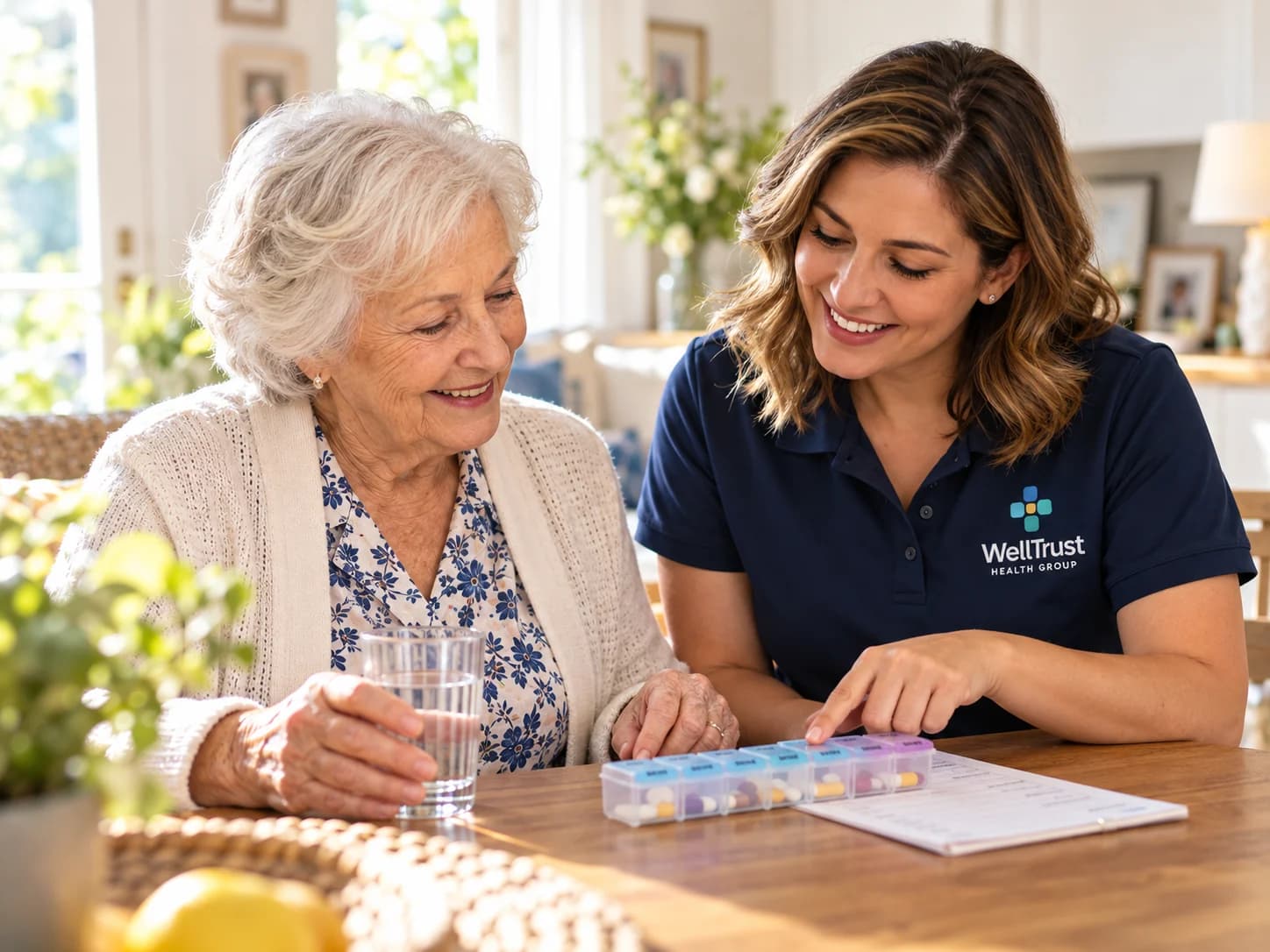 A WellTrust companion pointing to the day's compartment in an older woman's pill organizer as she holds a glass of water