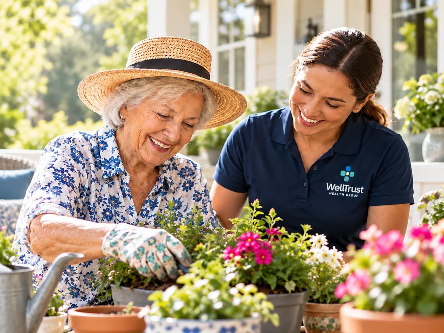 An older woman in a sun hat potting flowers on her porch with a WellTrust companion