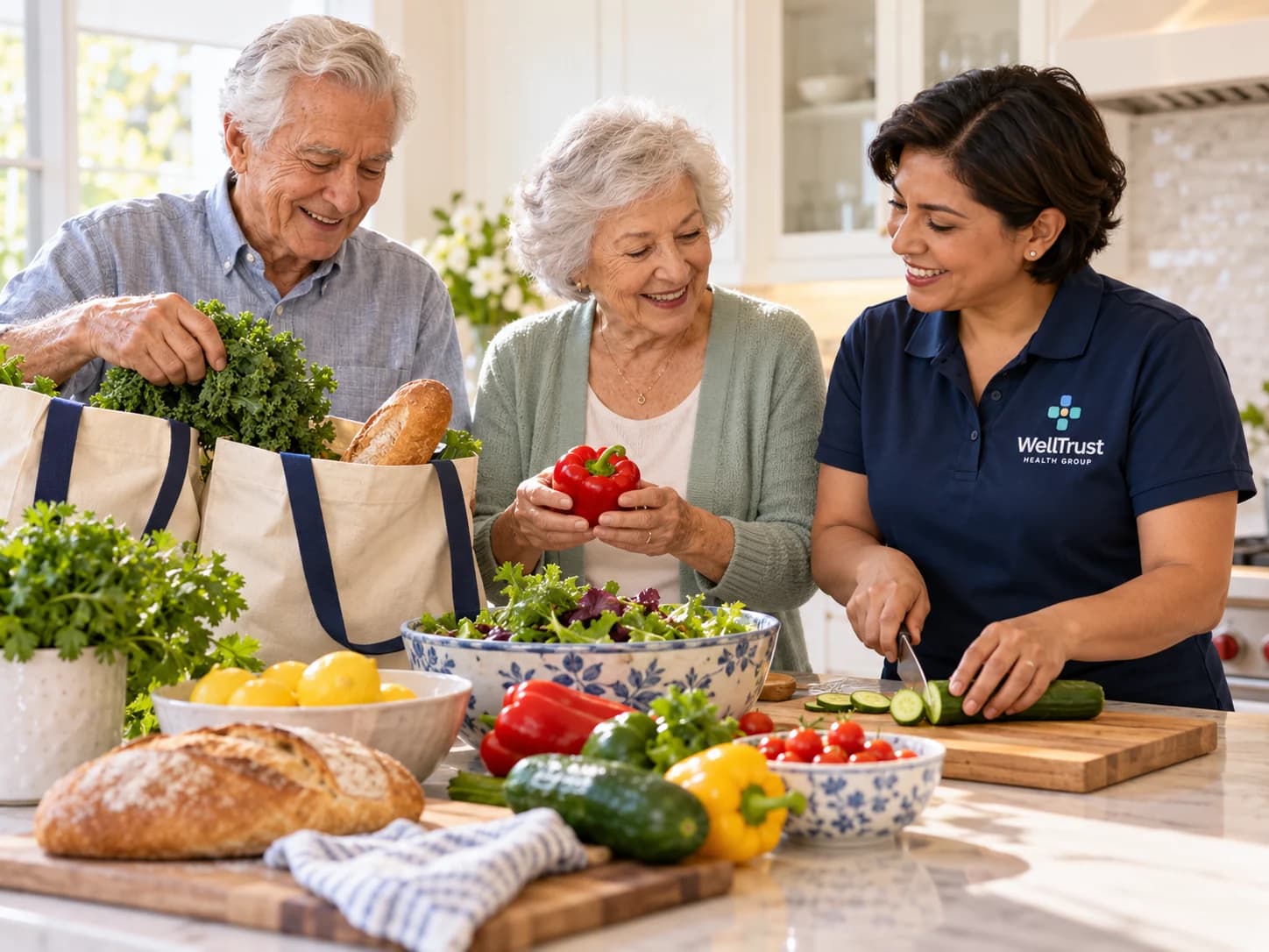 An older couple unpacking groceries in their kitchen while a WellTrust companion slices vegetables